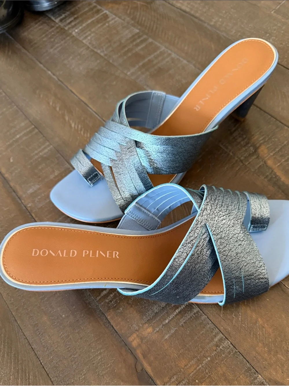 Donald J. Pliner Silver Metallic Crisscross Slide Mules